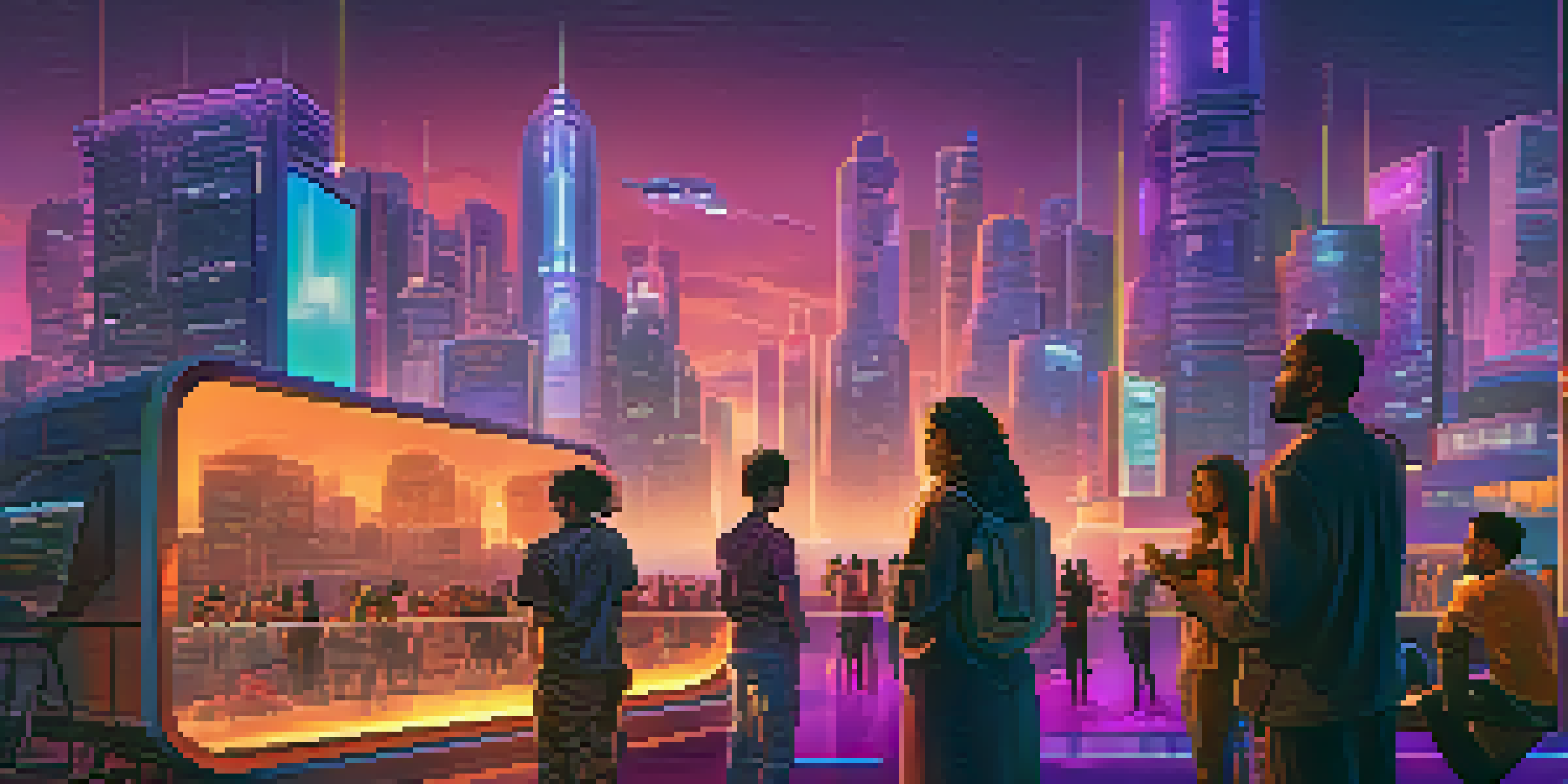 A vibrant futuristic city skyline at dusk with glowing neon lights, featuring a diverse group of people discussing artificial intelligence with holographic displays.