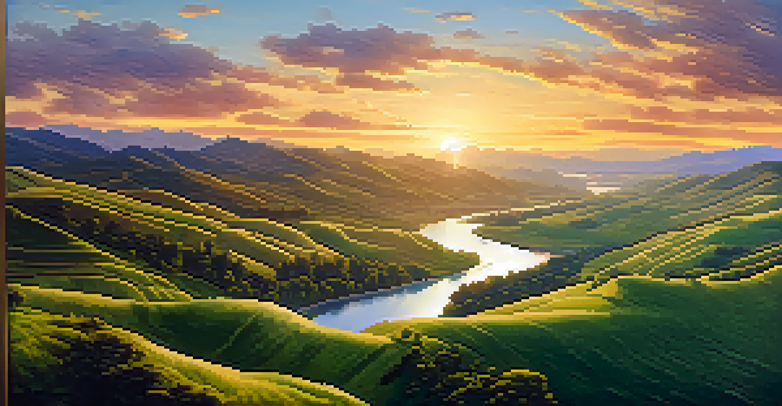An aerial view of rolling green hills and a winding river at sunset, with golden light illuminating the landscape.