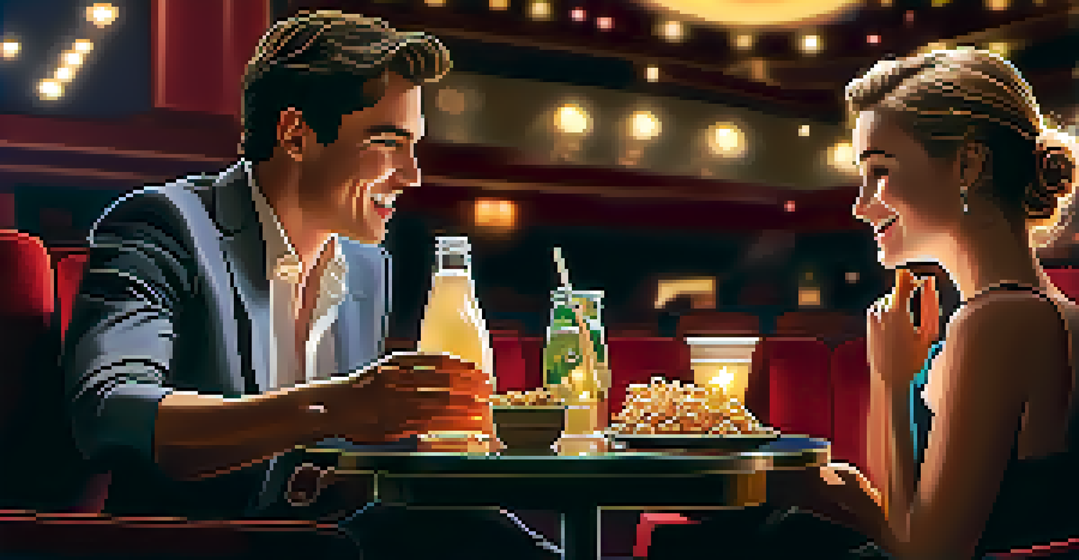 A couple enjoying a romantic date night in an elegant cinema with gourmet snacks and drinks.
