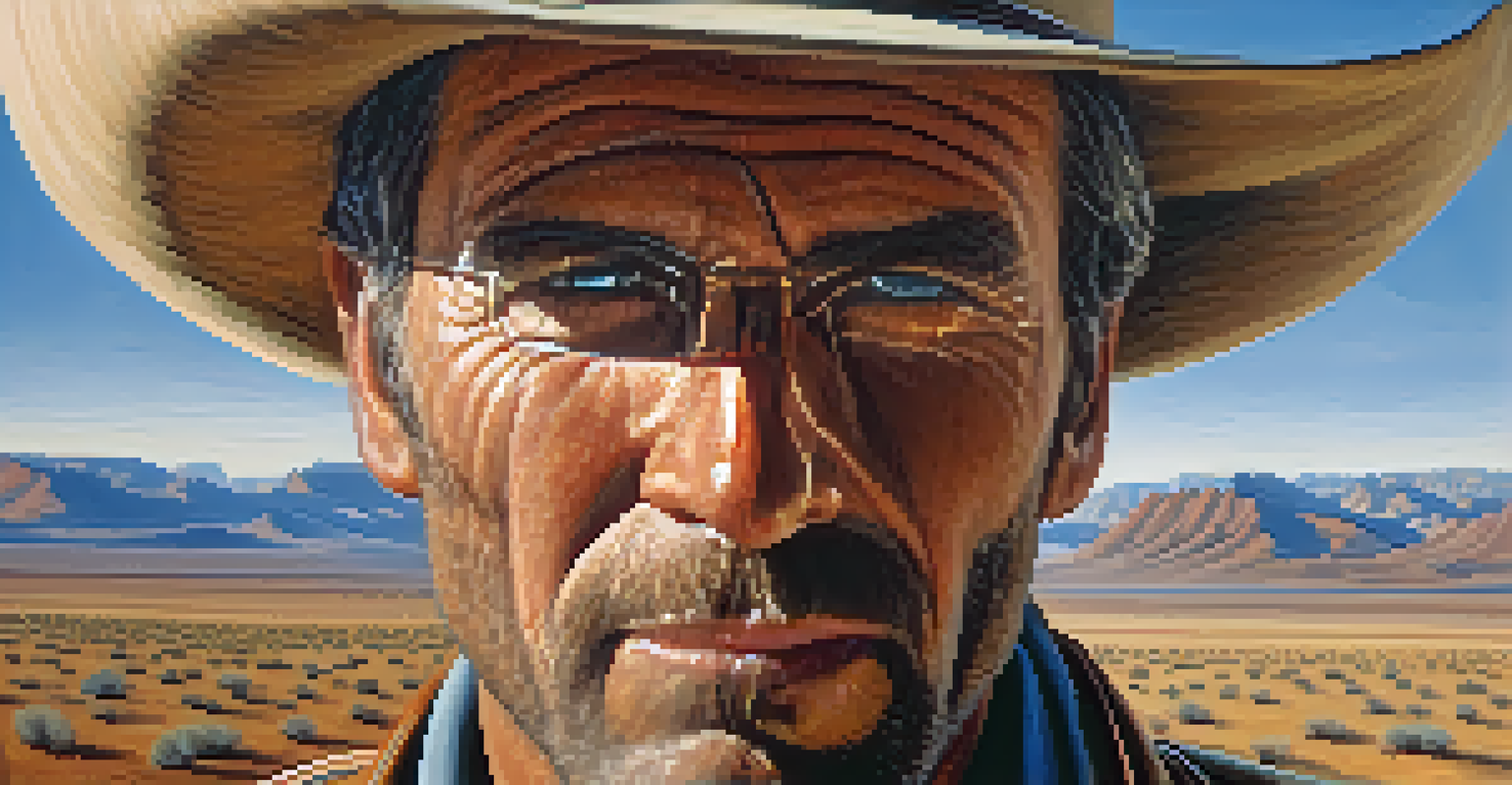 A close-up portrait of a weathered cowboy with a desert landscape in the background.