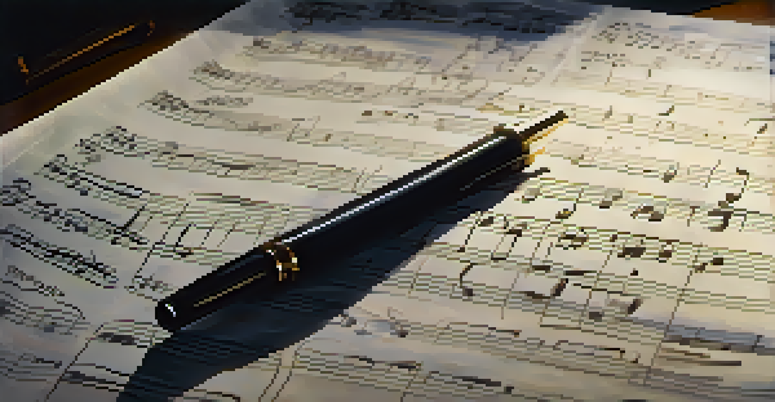 A close-up of a handwritten film score sheet in a dark setting, partially lit by a spotlight, highlighting the balance of sound and silence.