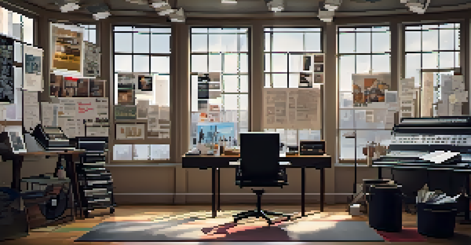 A director's workspace with storyboards and scripts, natural light coming through a window, decorated with movie posters.