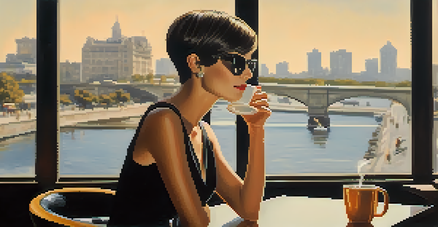 An elegant actress in a black dress and sunglasses sits at a café table in a cityscape.
