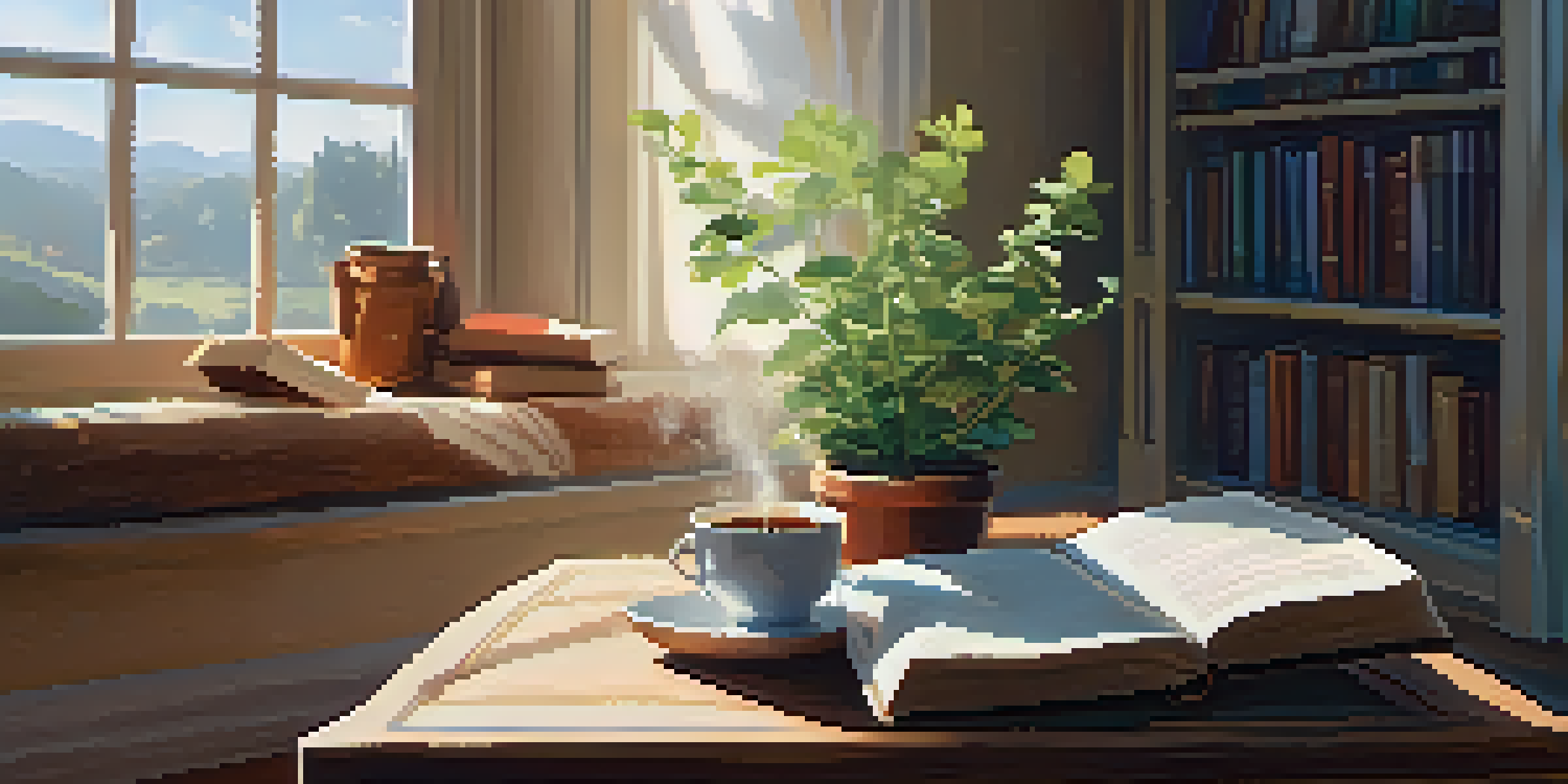A cozy reading nook with sunlight streaming through a window, a stack of books, a cup of tea, and potted plants.