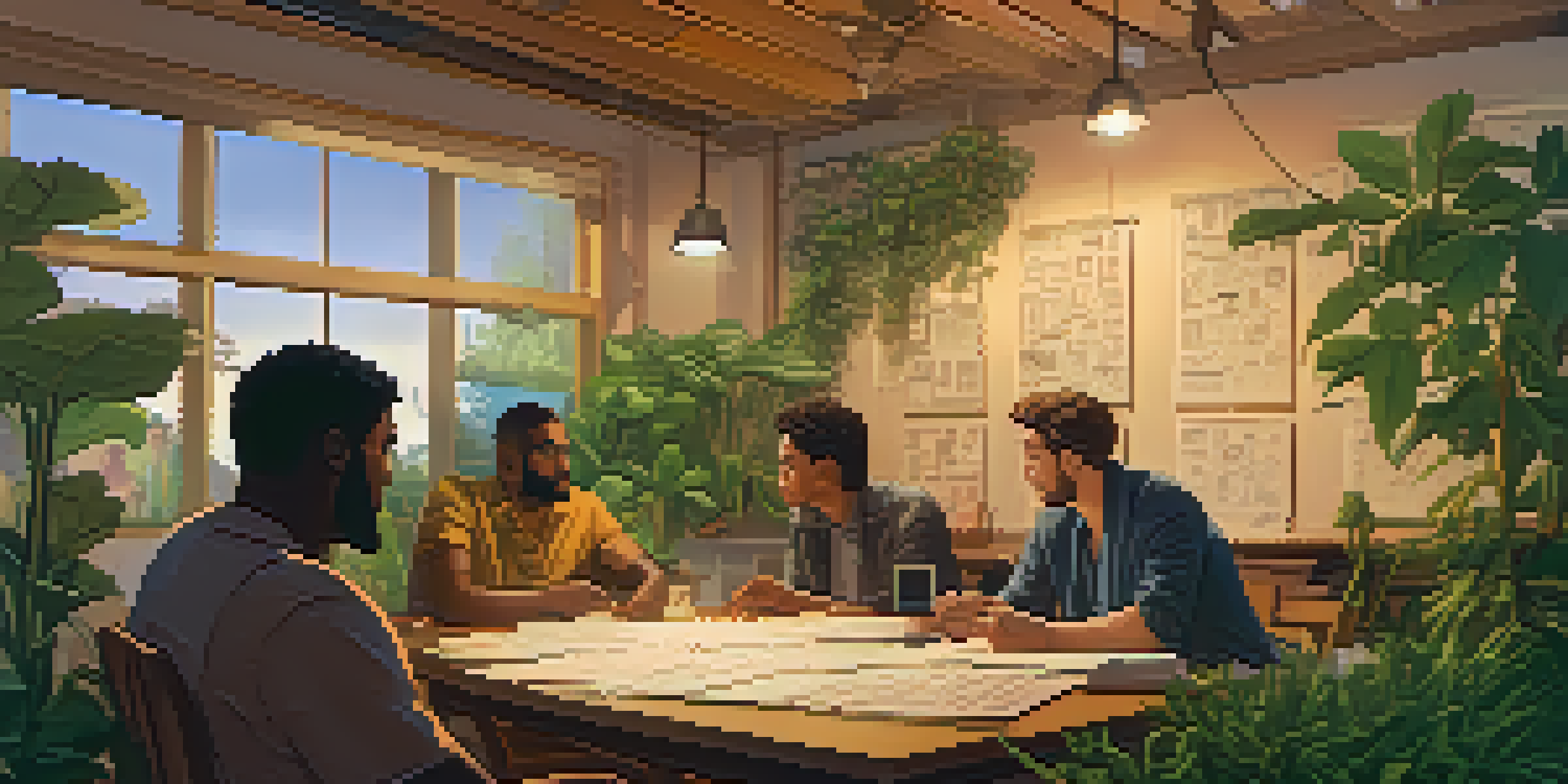 A diverse group of filmmakers discussing storyboards at a wooden table, surrounded by plants in warm lighting.