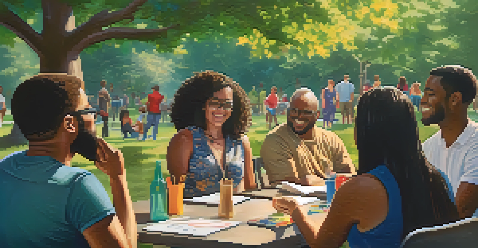 A diverse group of people engaged in a lively discussion in a beautiful park.