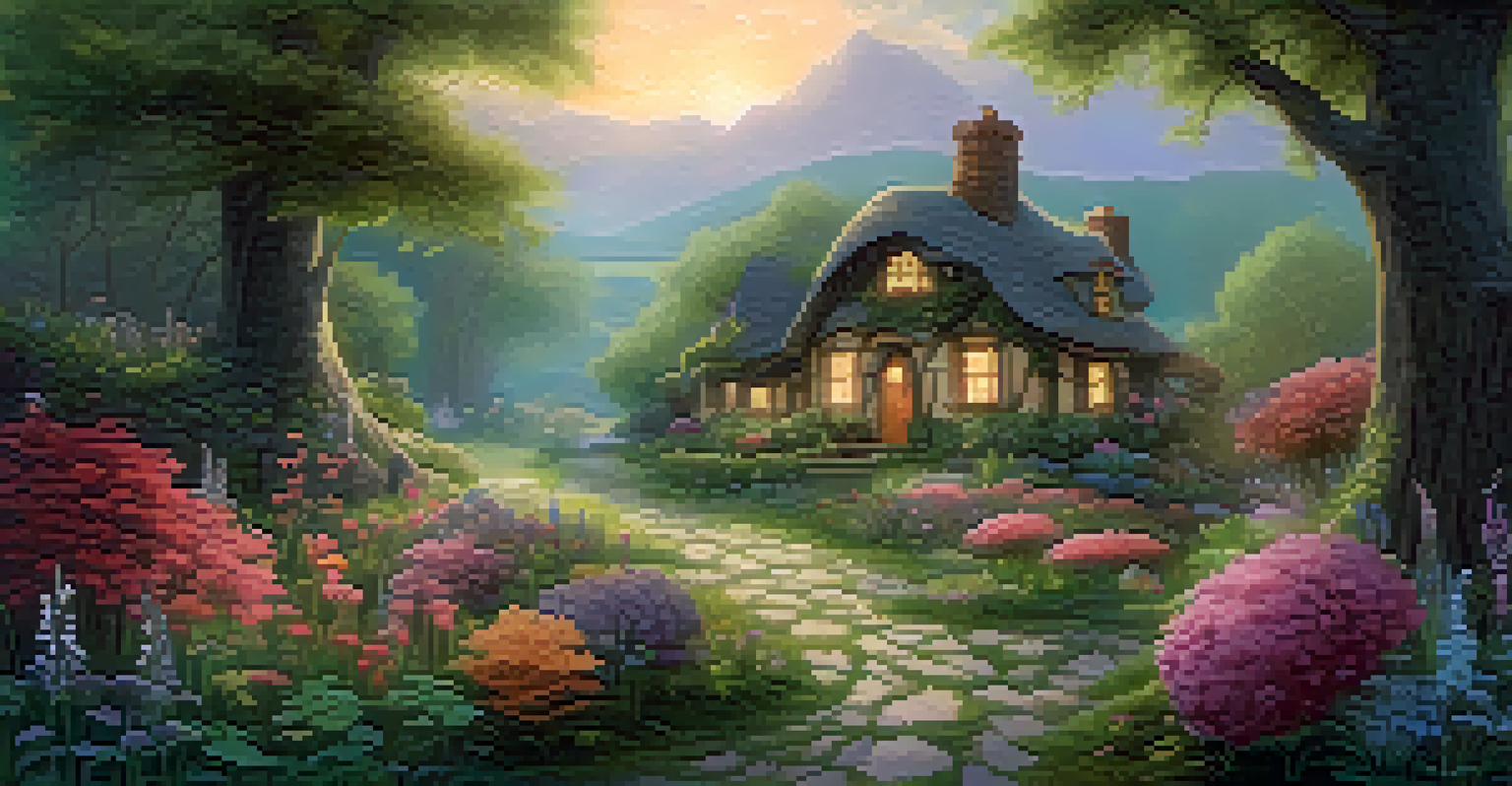 A fantastical forest inspired by a classic novel, with oversized flowers and whimsical creatures bathed in magical light.