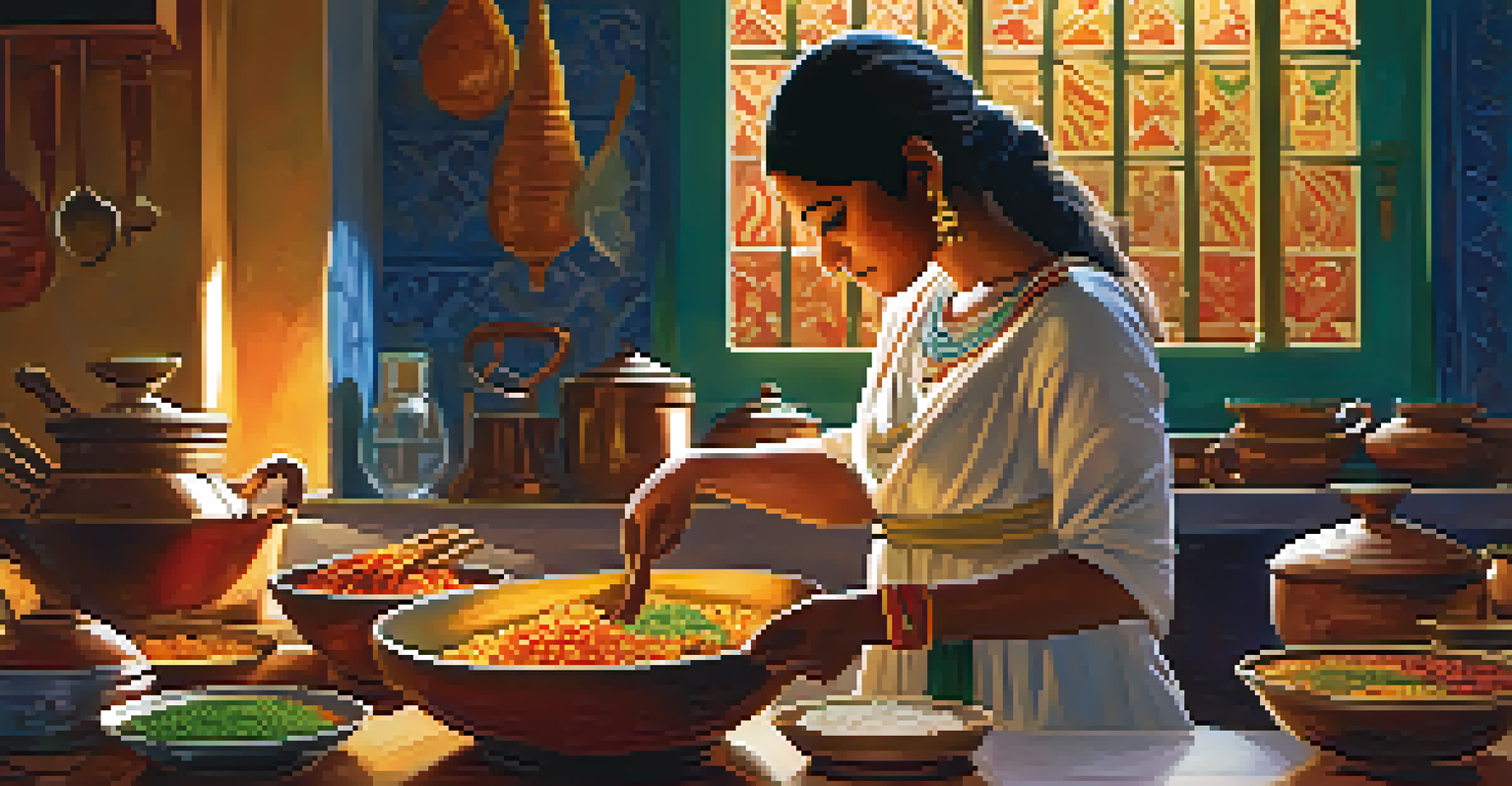 A young mother in an Indian kitchen preparing a traditional meal, surrounded by colorful spices and ingredients.