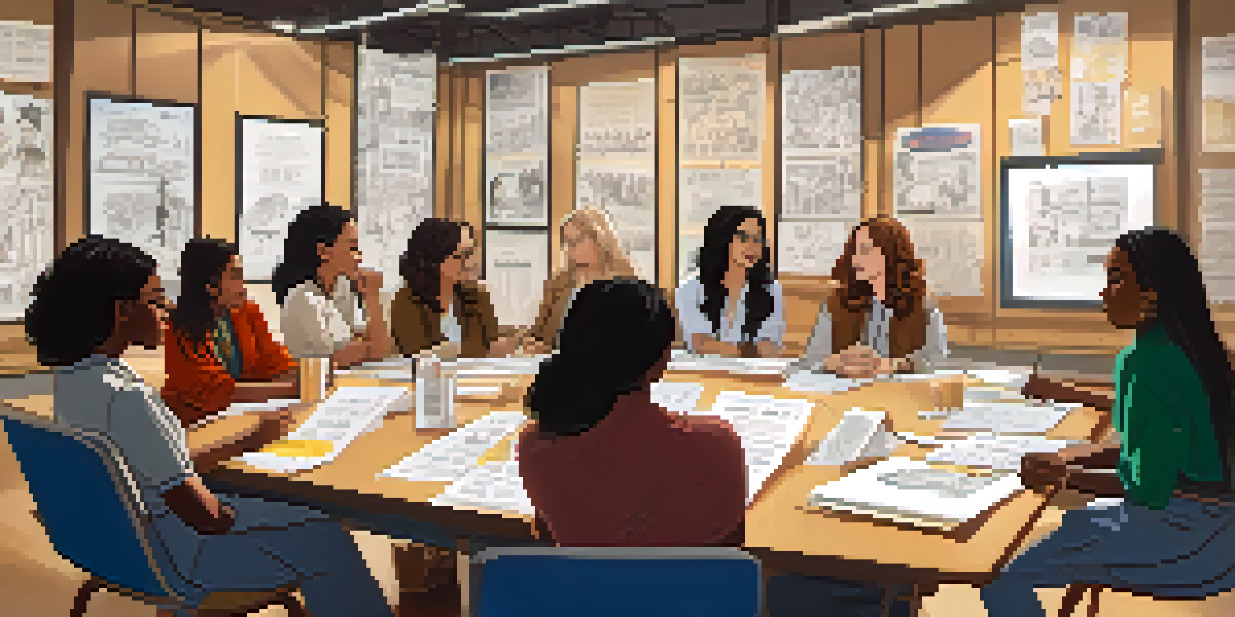 A group of diverse women directors discussing ideas in a bright, artistic film set with scripts and storyboards around them.