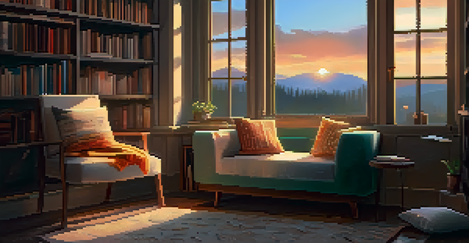 A warm and inviting reading nook with colorful books, soft cushions, and a sunset view through a window.
