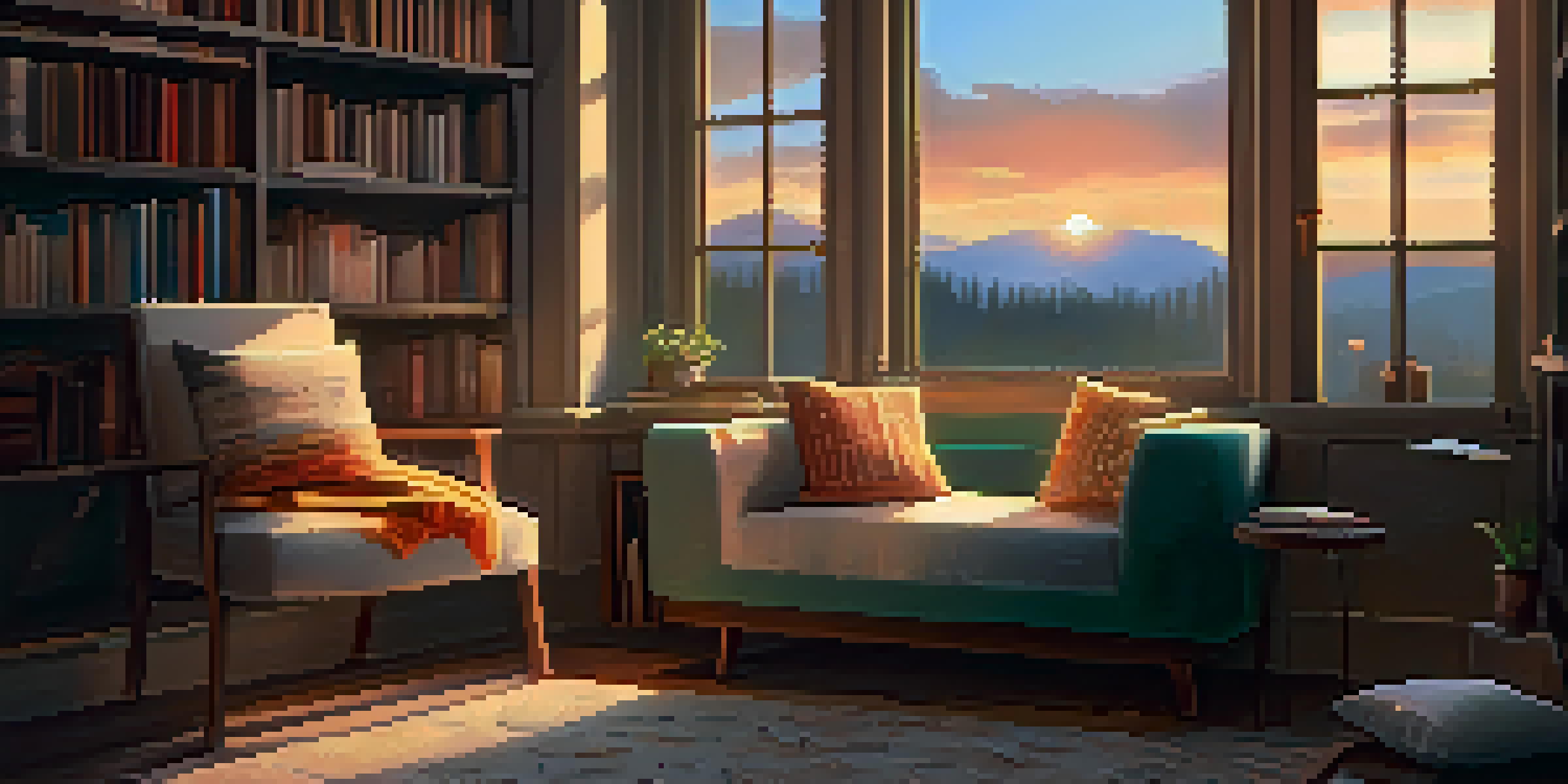 A warm and inviting reading nook with colorful books, soft cushions, and a sunset view through a window.