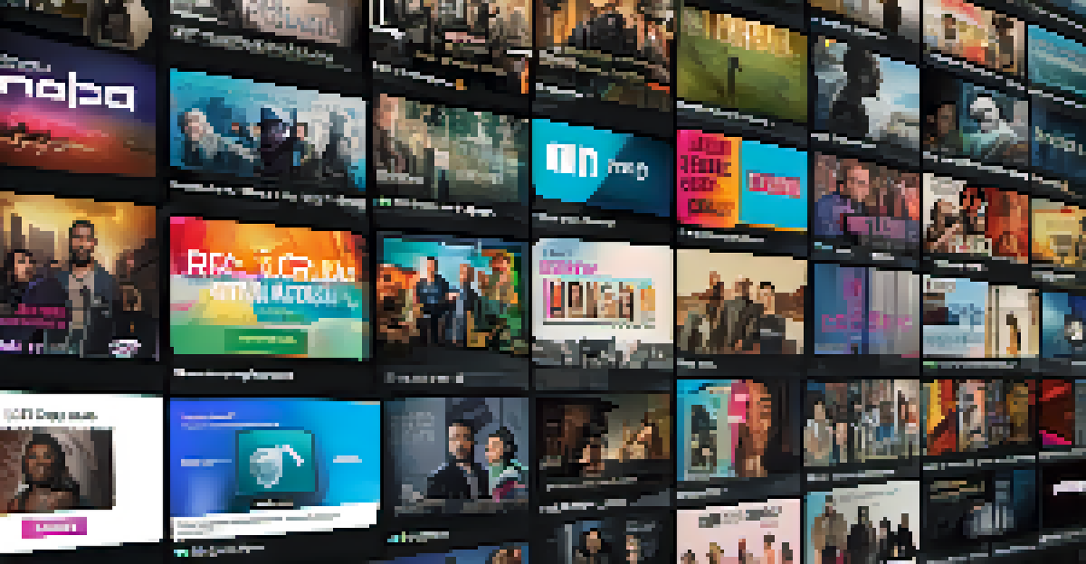 A TV screen displaying a streaming service interface with documentary and film thumbnails.