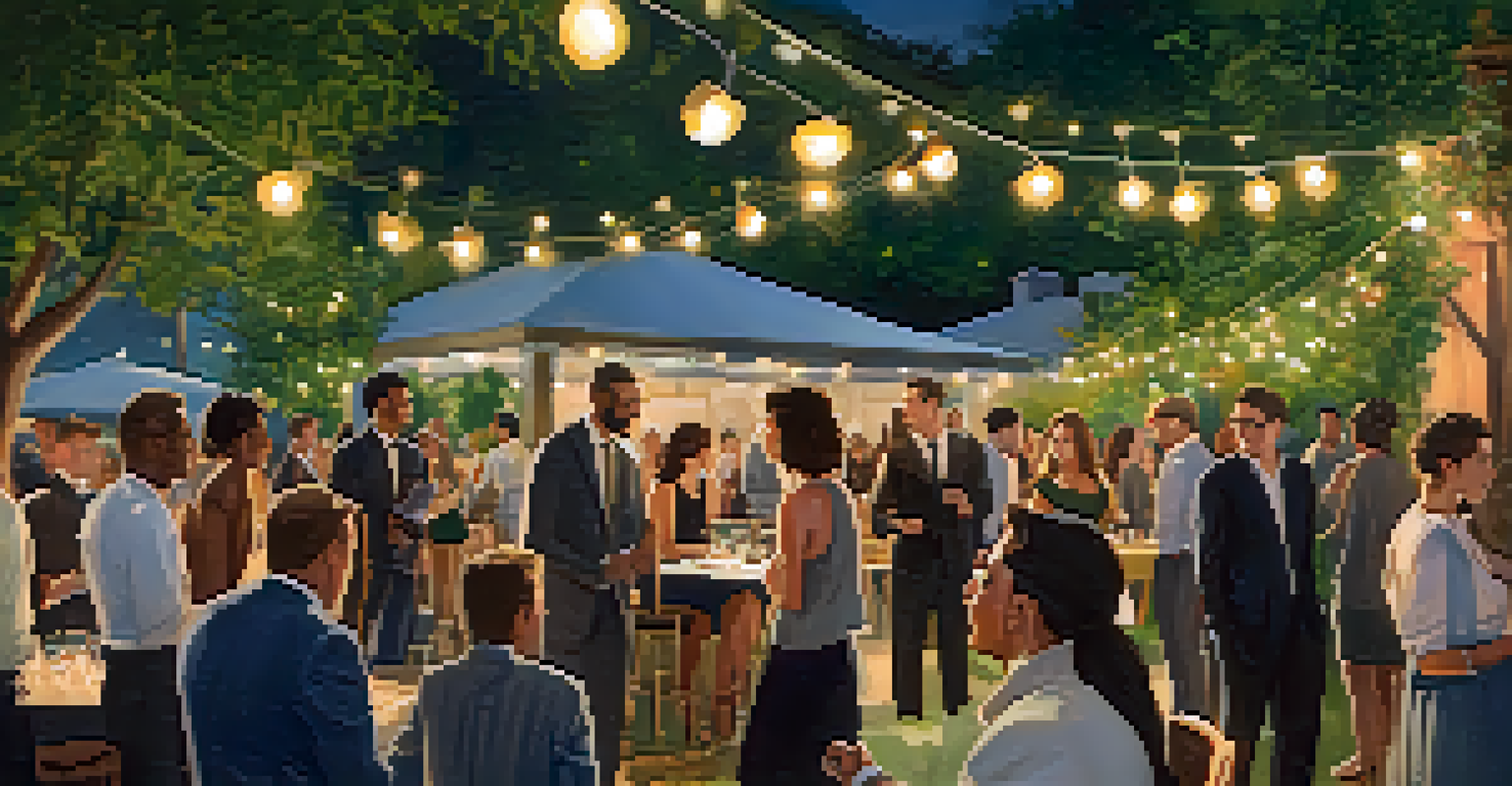 A networking event in a garden setting, with people mingling under string lights, showcasing artists and agents interacting.