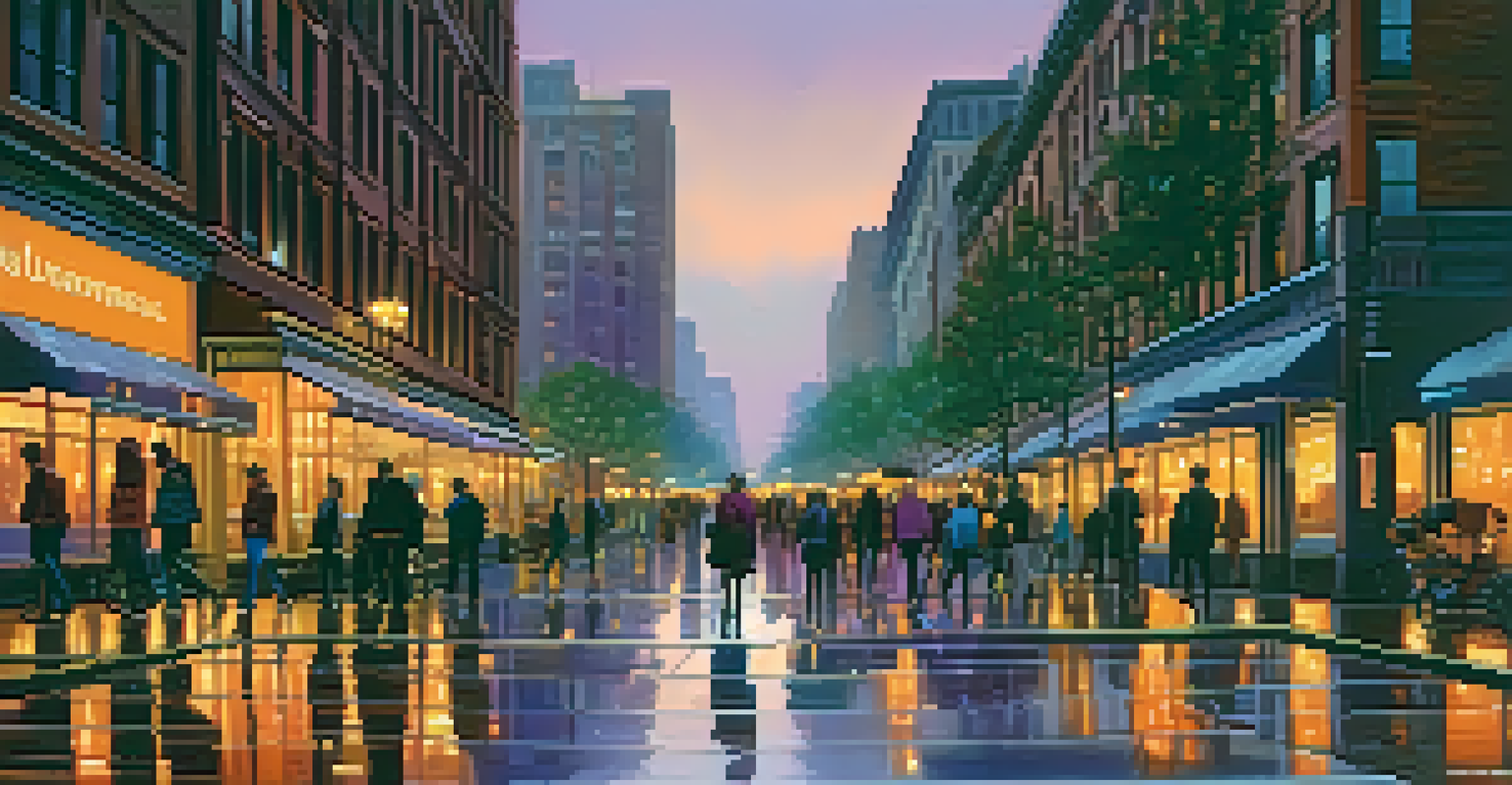 A vibrant city street at dusk with people walking, illuminated streetlights, and reflections on wet pavement amidst skyscrapers and historic buildings.