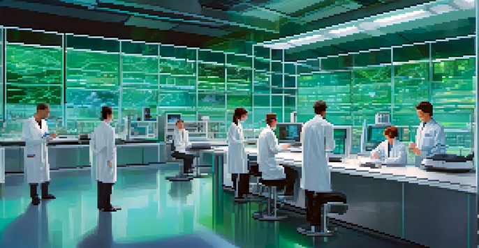 A modern laboratory with scientists working on genetic engineering, illuminated by blue and green lights, with screens displaying DNA sequences.