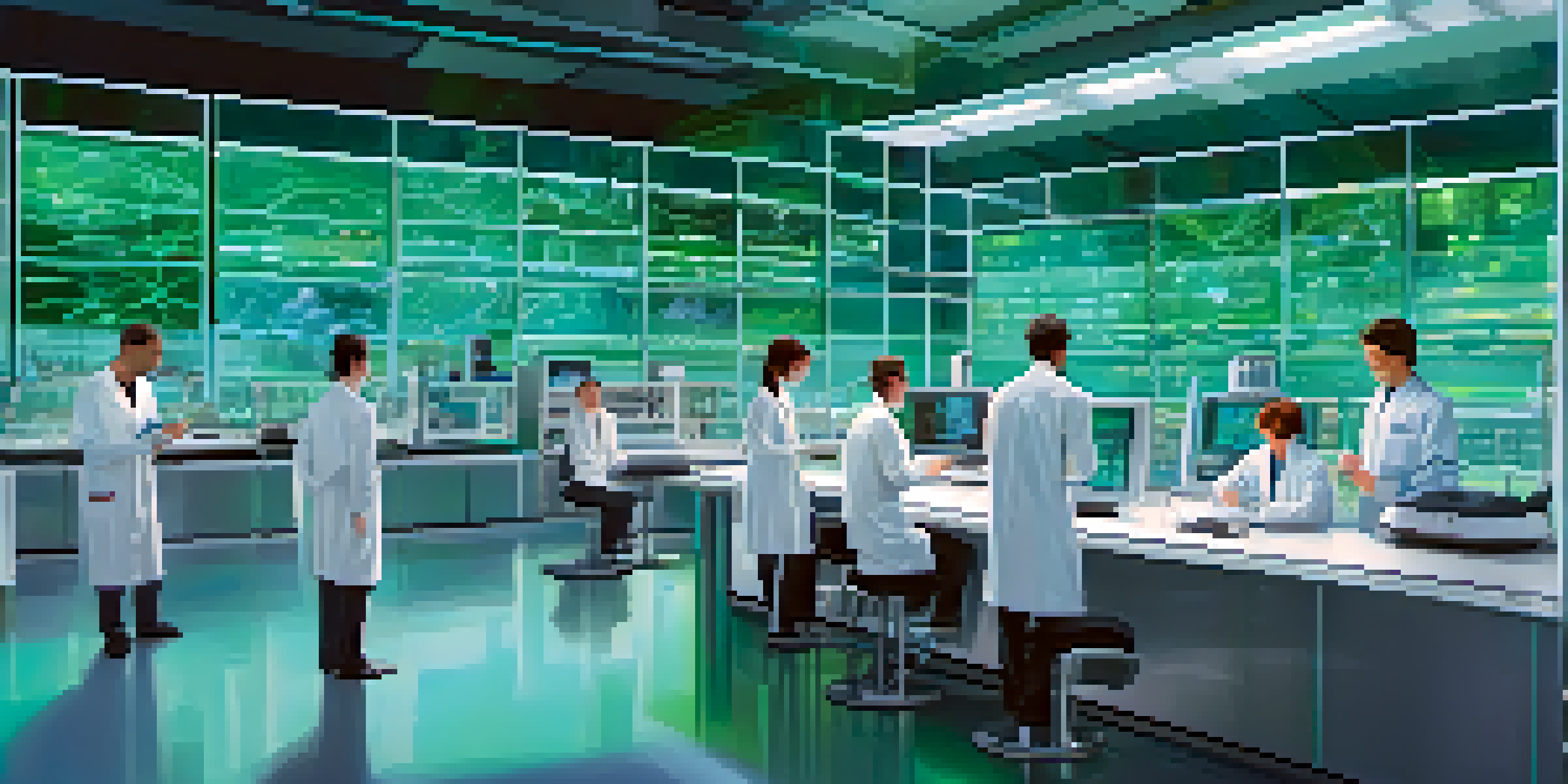 A modern laboratory with scientists working on genetic engineering, illuminated by blue and green lights, with screens displaying DNA sequences.