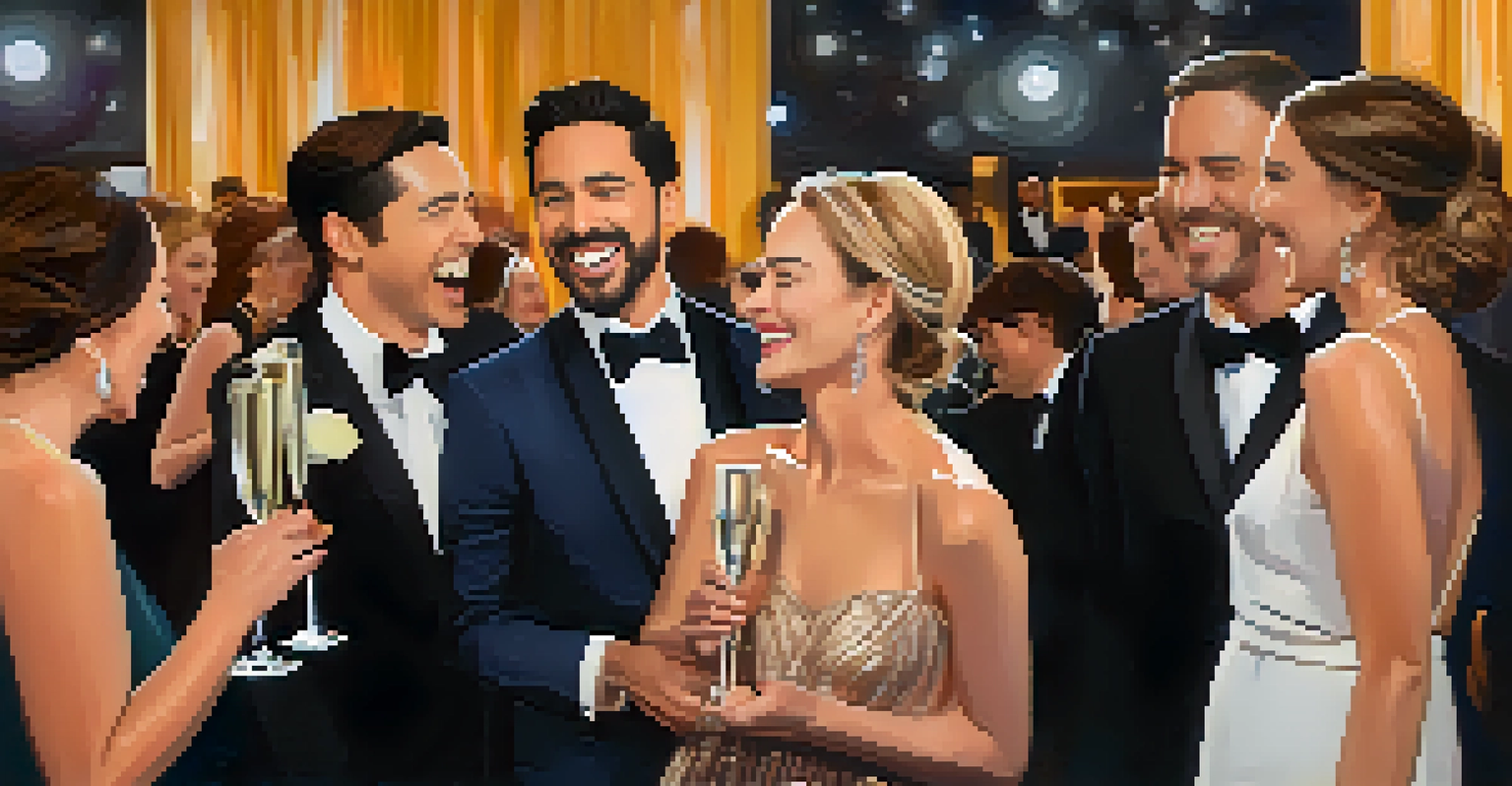 A joyful group of actors networking and laughing at a glamorous after-party of the SAG Awards.