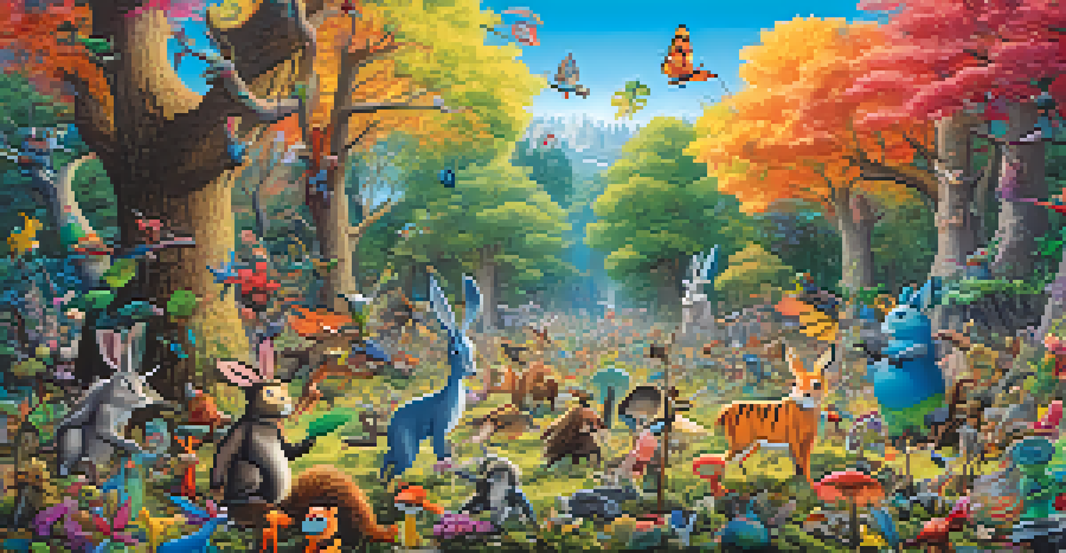 A whimsical forest with colorful creatures collaborating to clean their environment.