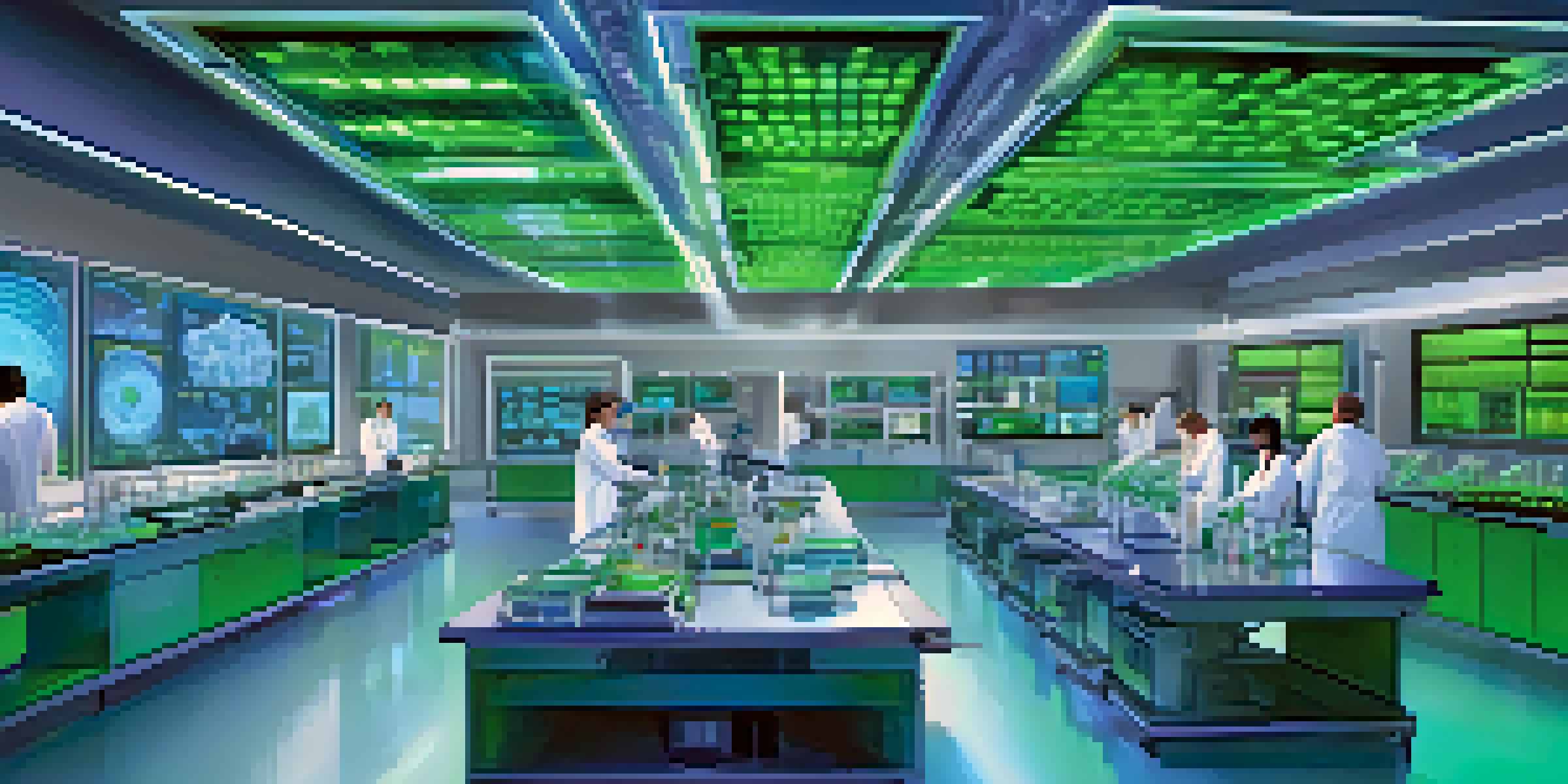 A futuristic laboratory with scientists examining DNA sequences on holographic screens, illuminated by blue and green lighting.