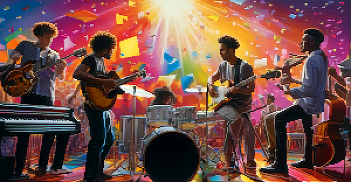 A colorful film set with musicians collaborating, surrounded by instruments and lighting, with a movie screen in the background.