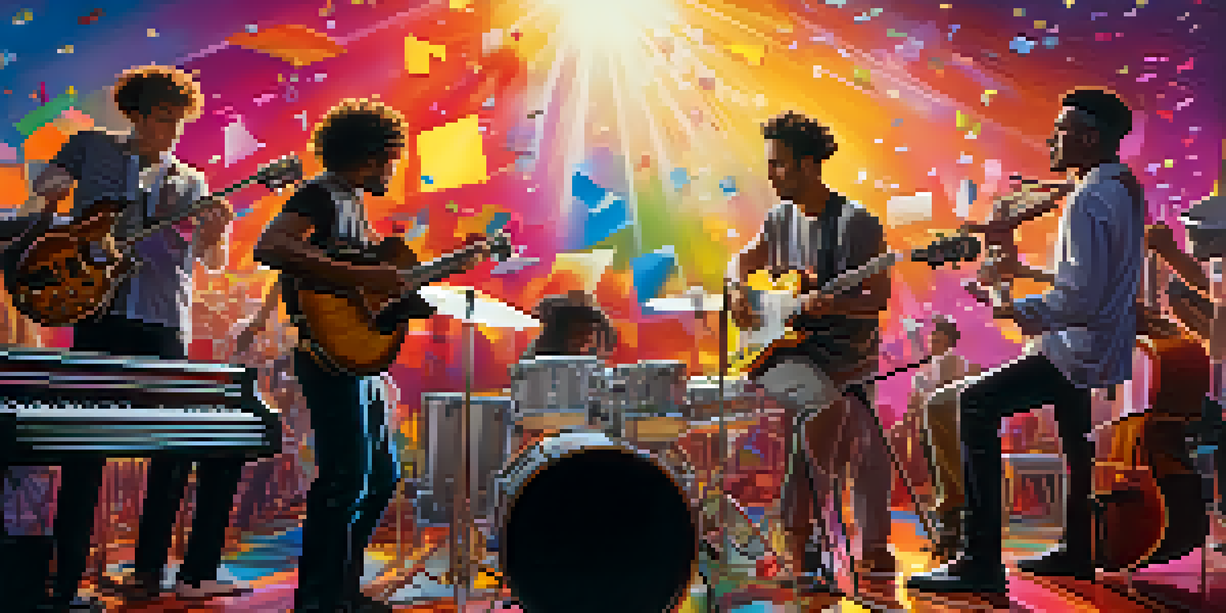 A colorful film set with musicians collaborating, surrounded by instruments and lighting, with a movie screen in the background.