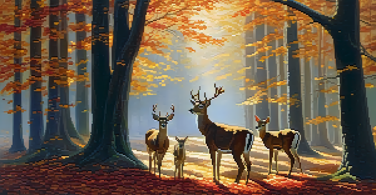 A beautiful autumn forest with golden and red leaves on the ground, sunlight filtering through trees, and a family of deer grazing in a clearing.