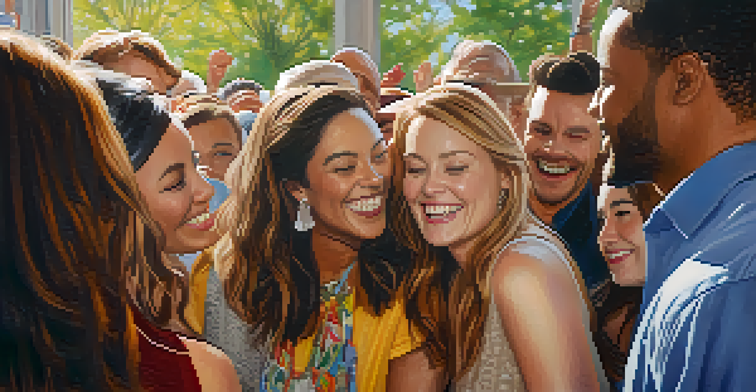 A celebrity smiling and interacting with diverse fans at a community event, with bright decorations and natural light.