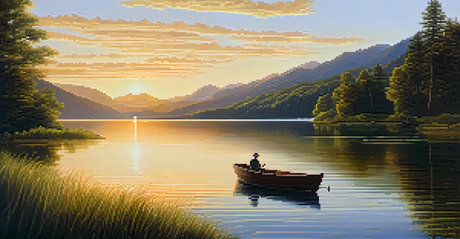 A peaceful lake at sunset, reflecting the sky and surrounded by mountains.