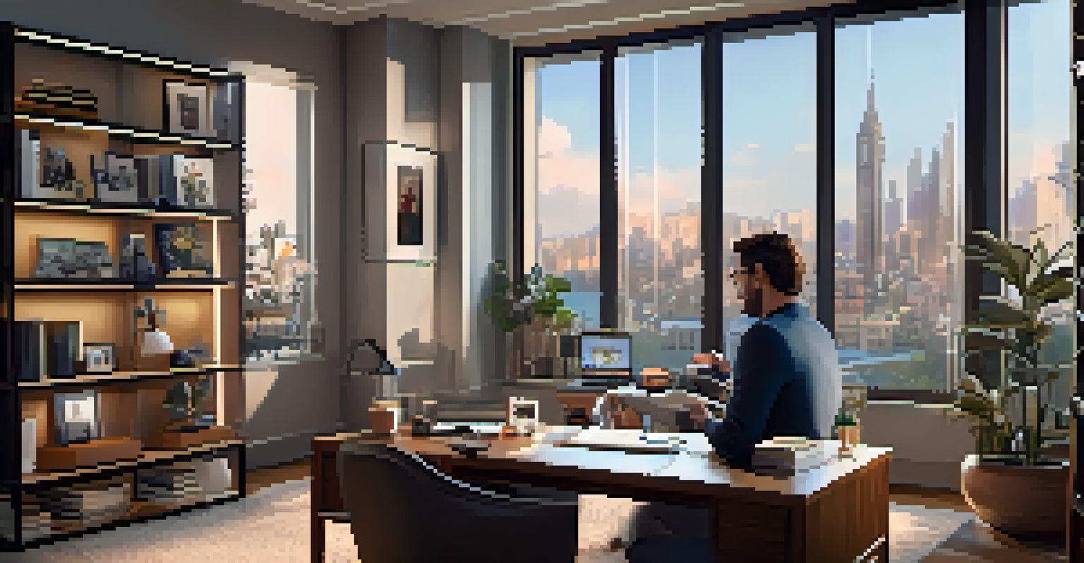 A casting director conducting a video call audition in a stylish home office with a city view.