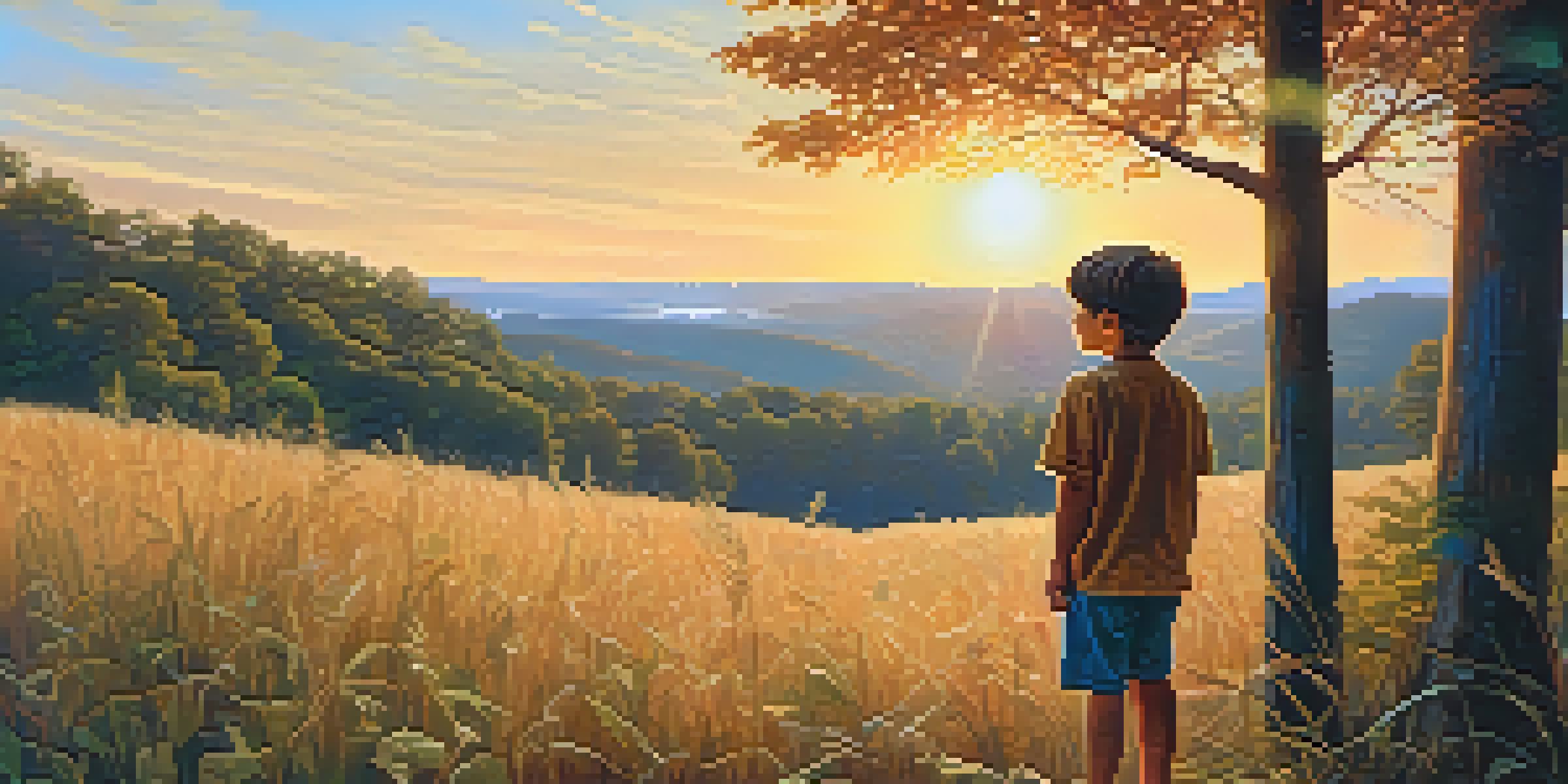 A young boy gazing at a sunset view from the edge of a forest, surrounded by lush greenery.
