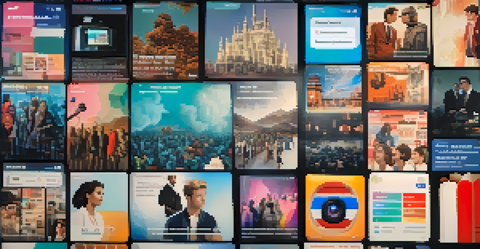 A stylized image of a social media feed displaying trending posts about political films, filled with vibrant images and hashtags, symbolizing digital engagement.