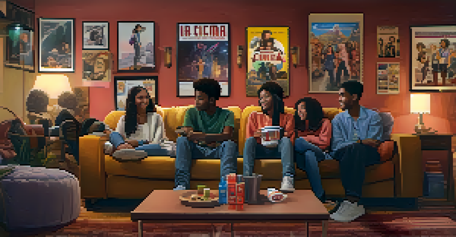 A diverse group of young people enjoying a movie in a cozy living room, with movie posters from various cultures on the walls.