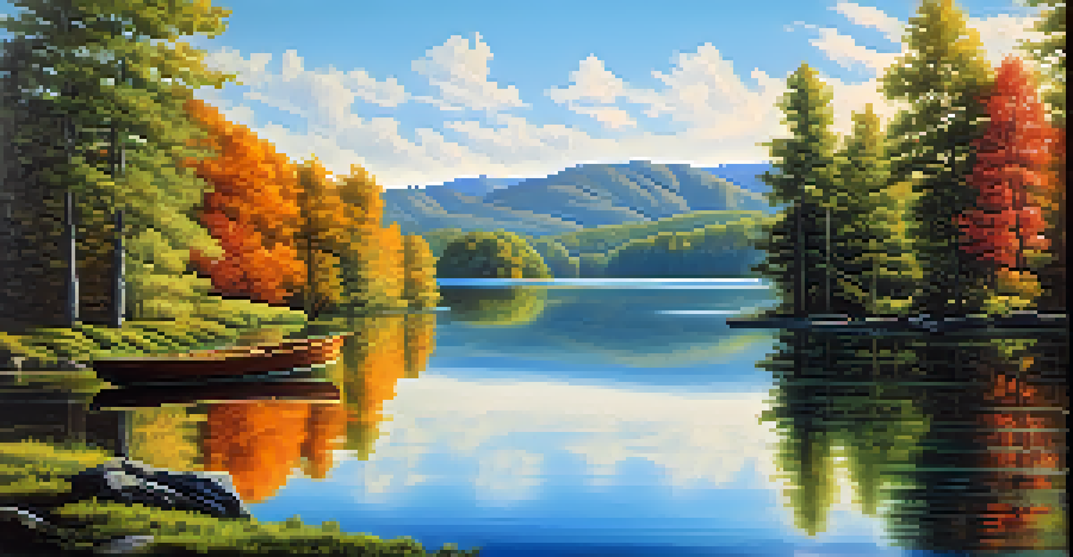 A serene lake surrounded by forests and a small boat floating on the water under a blue sky.