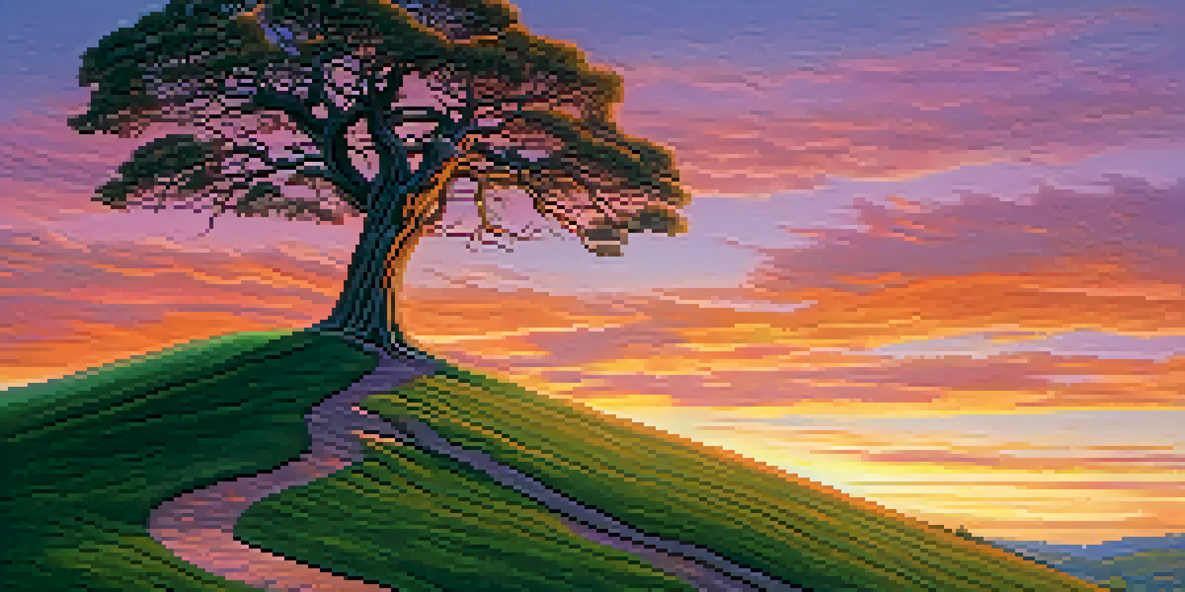 A lone tree on a hill during a colorful sunset with a winding path leading into the distance.
