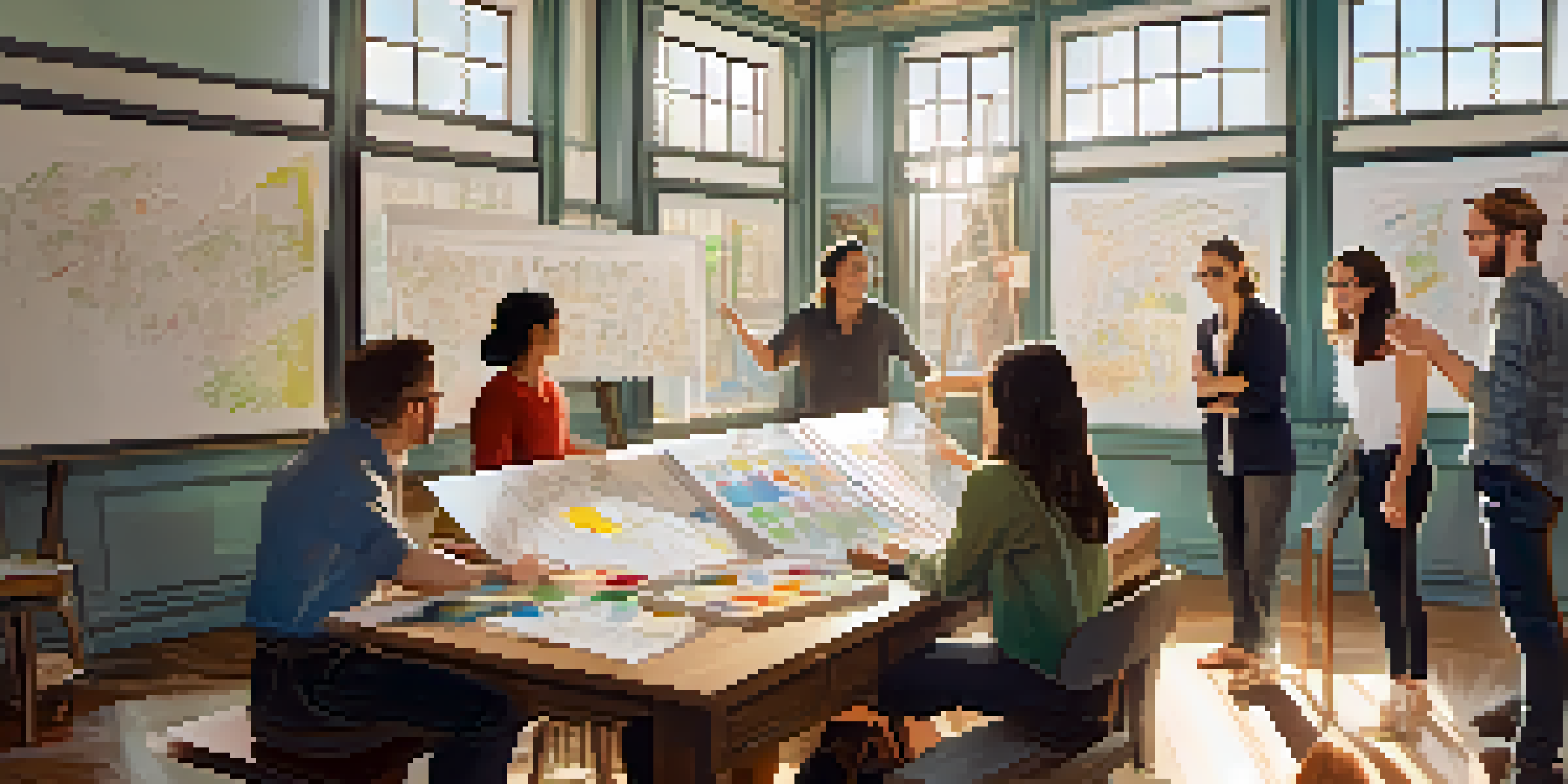 A diverse team of creative professionals in a bright studio, discussing ideas with a director holding a storyboard.