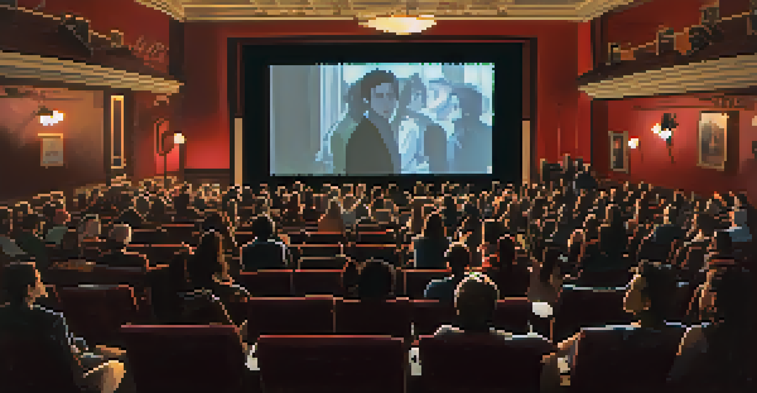 A cozy screening room filled with a diverse audience watching a film, with dim lighting and a large screen displaying visuals, surrounded by film posters.