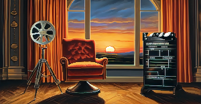 A vintage film set with a director's chair, classic movie lights, and a sunset sky, creating a nostalgic atmosphere.