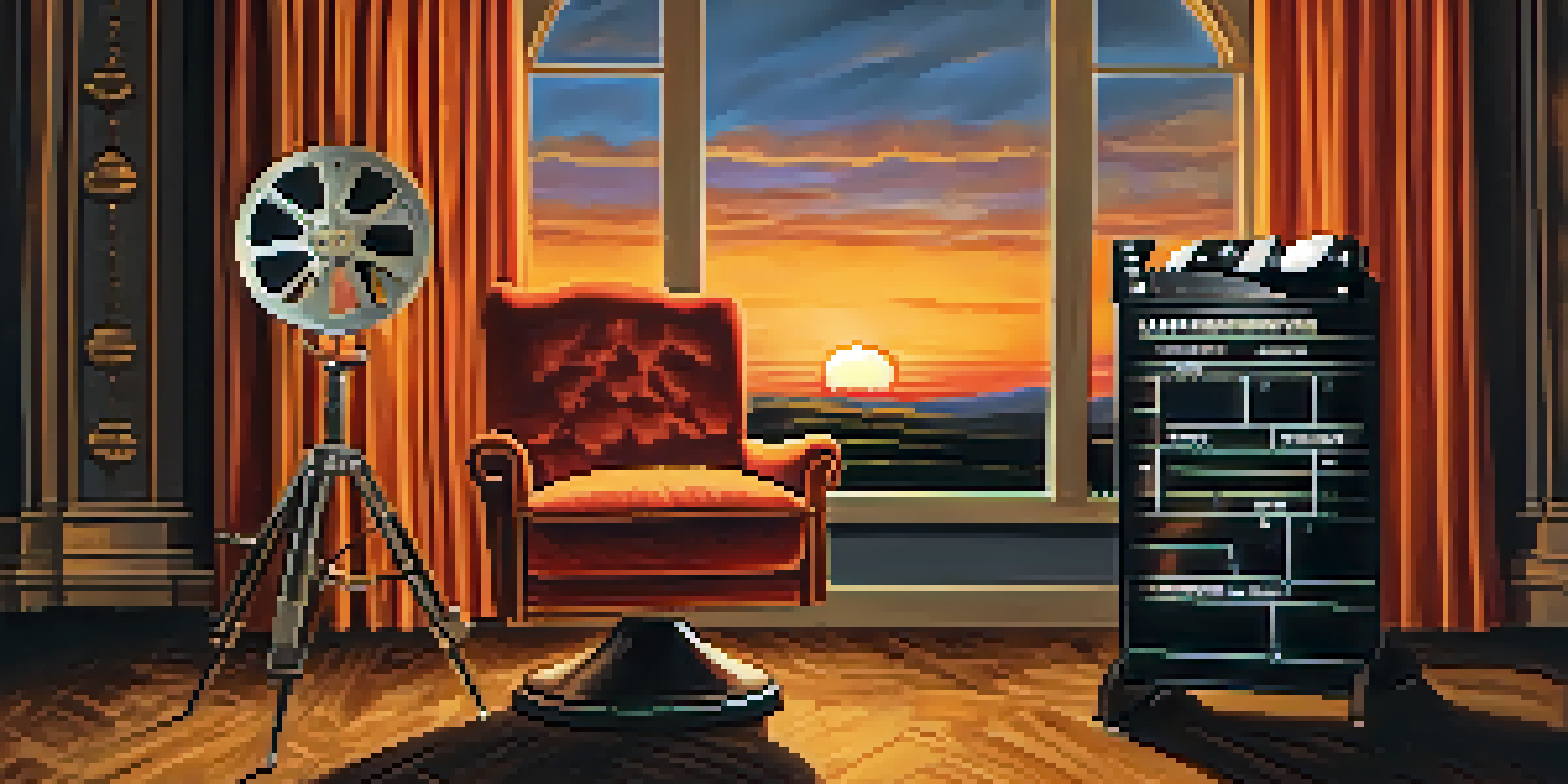 A vintage film set with a director's chair, classic movie lights, and a sunset sky, creating a nostalgic atmosphere.