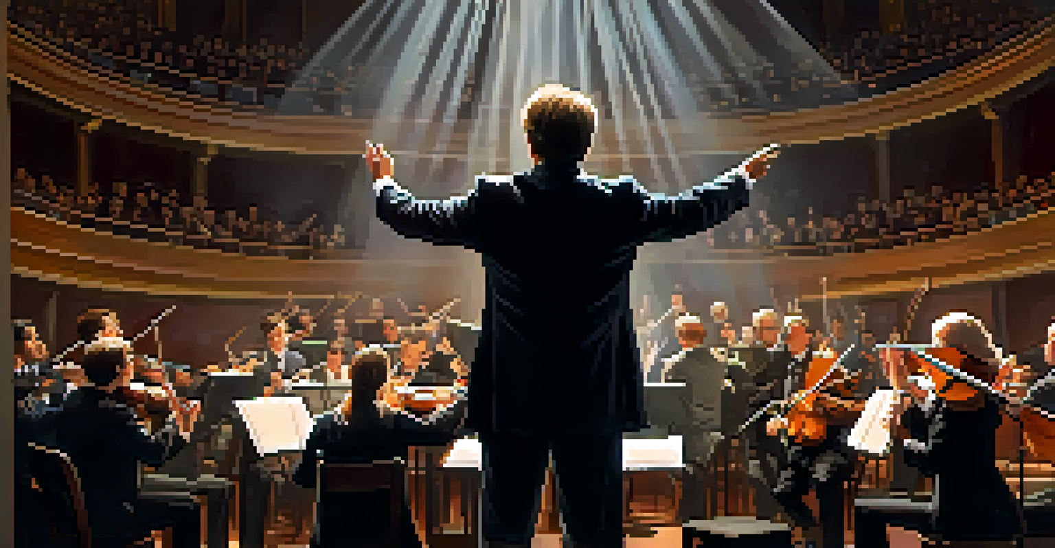 A conductor leading an orchestra on stage, with musicians playing passionately under warm spotlight lighting.