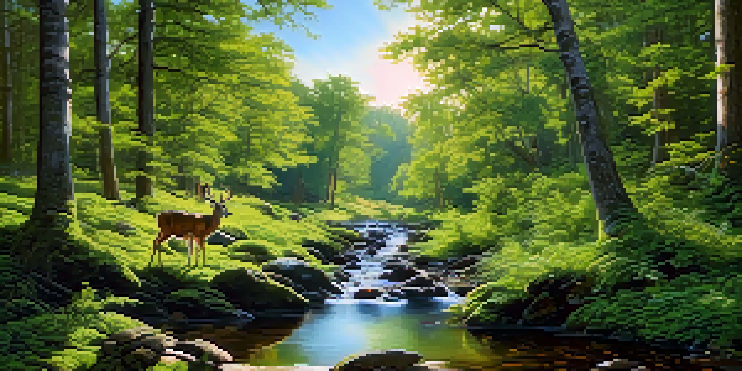 A peaceful forest scene with greenery, a stream, and wildlife like deer and birds.