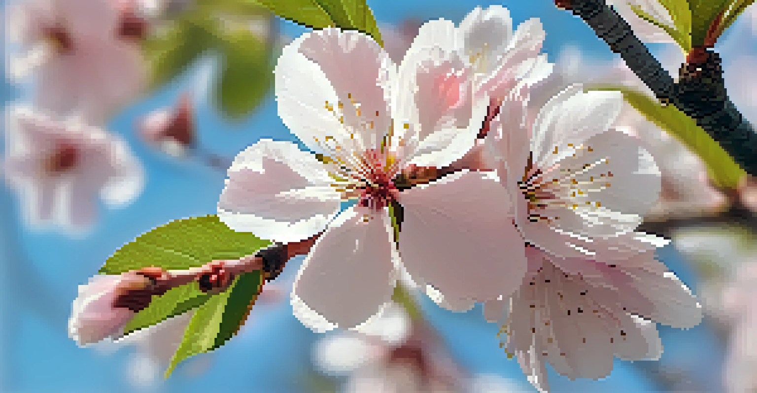 Close-up of pink cherry blossoms against a blue sky.