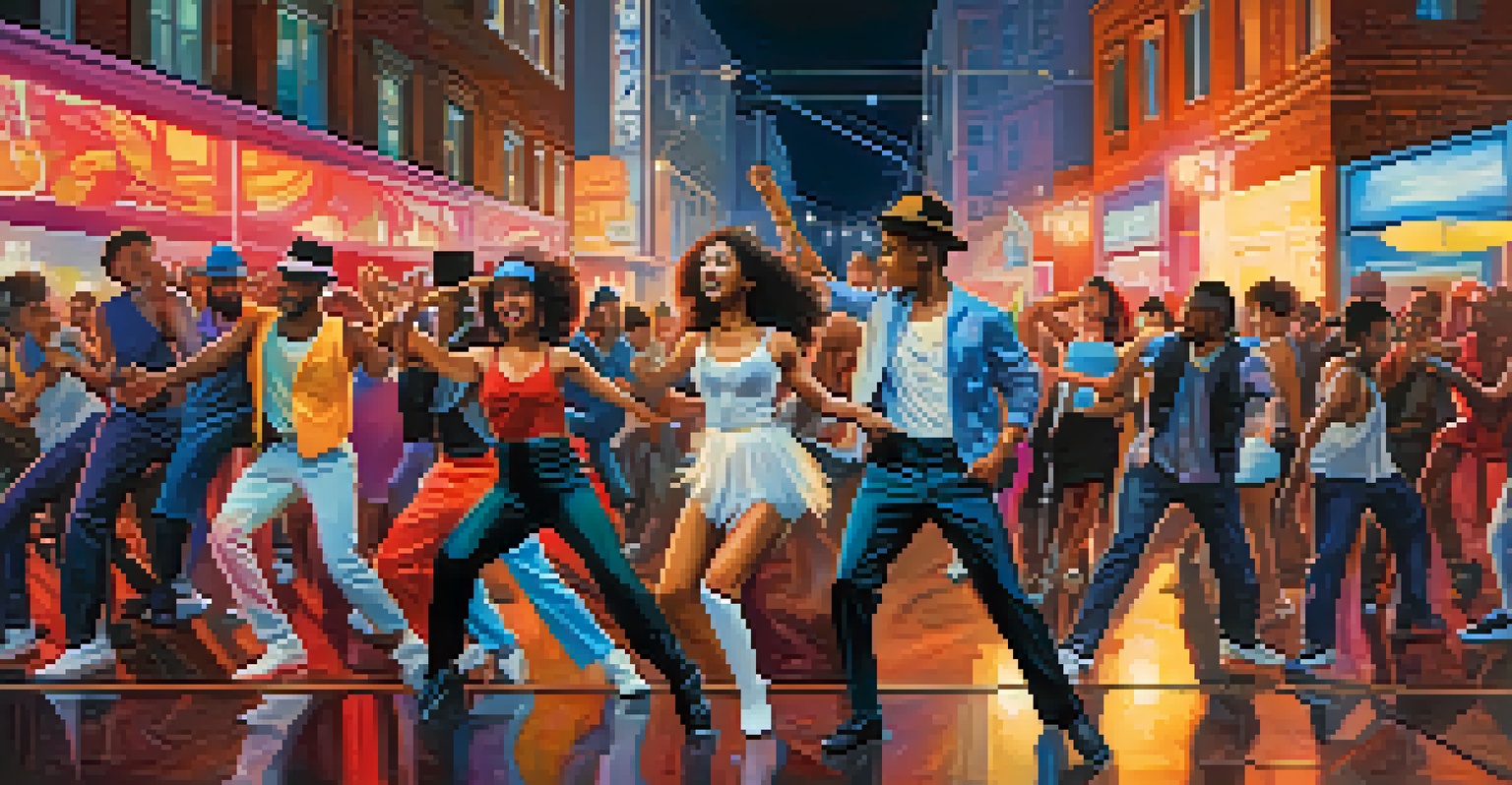 A lively contemporary musical performance in an urban street setting with diverse performers in modern attire and colorful graffiti.