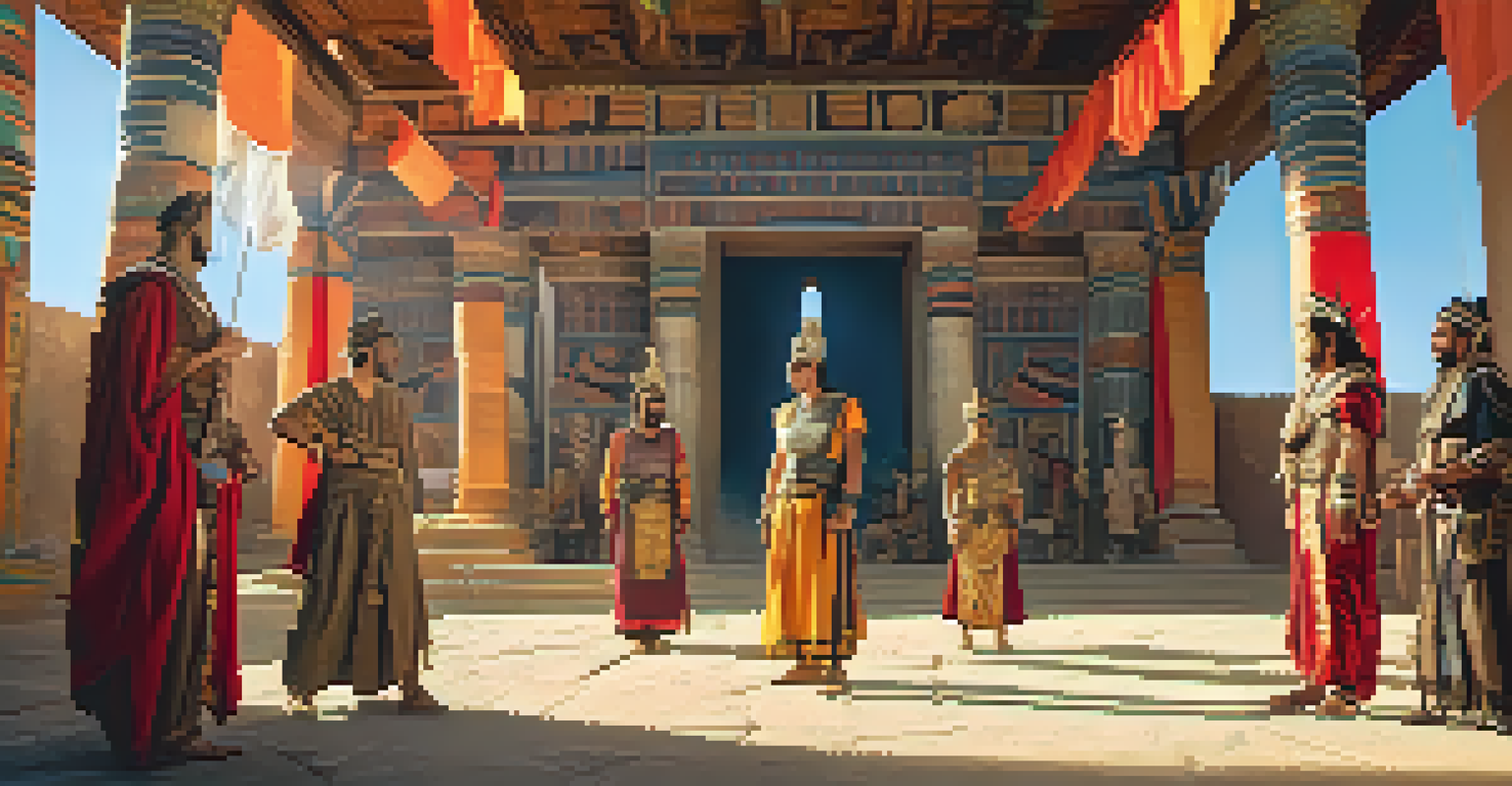 Actors in costumes on a film set depicting an ancient civilization.