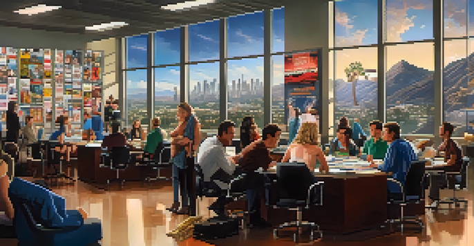 A busy Hollywood film distribution office with people discussing and movie posters on the table, large windows showing the Hollywood sign.