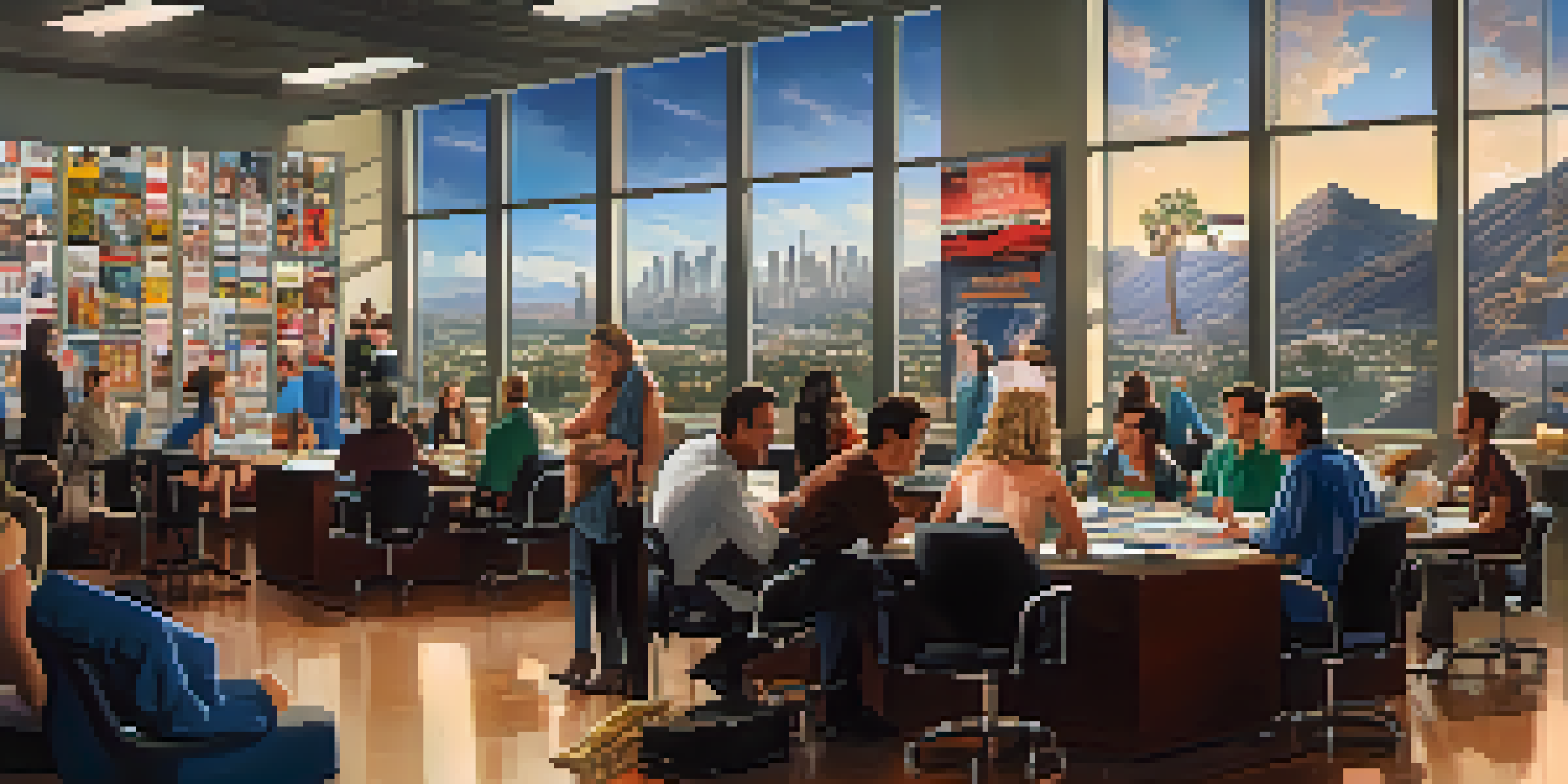 A busy Hollywood film distribution office with people discussing and movie posters on the table, large windows showing the Hollywood sign.