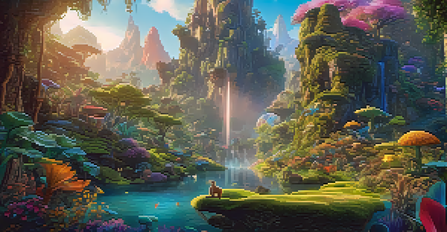 A vibrant and imaginative virtual reality film scene showcasing a lush landscape filled with colorful flora and fantastical creatures, illuminated by warm sunlight.