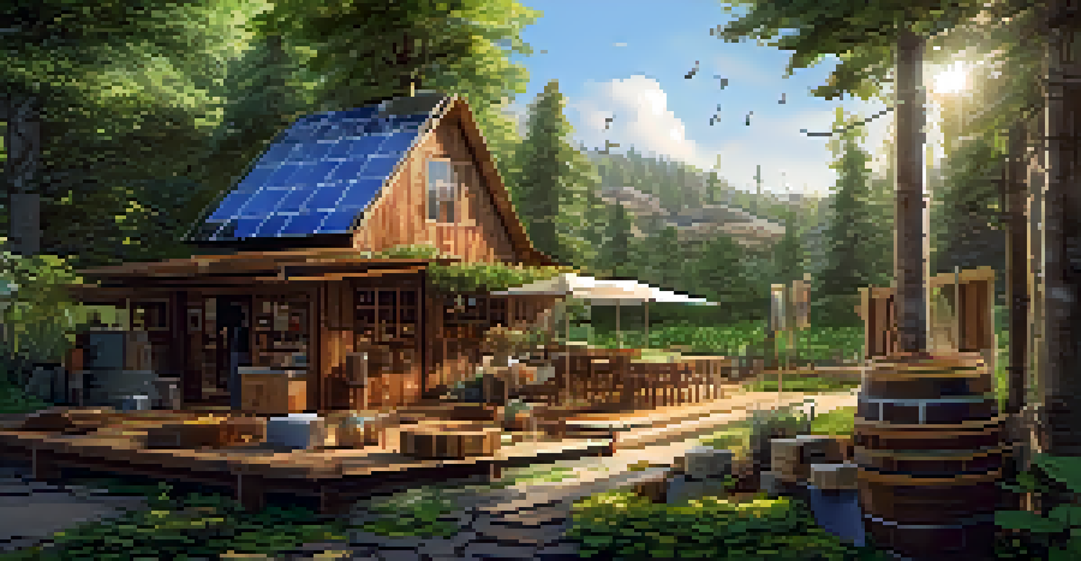 A colorful film set with reclaimed wood and solar panels, illuminated by natural light.