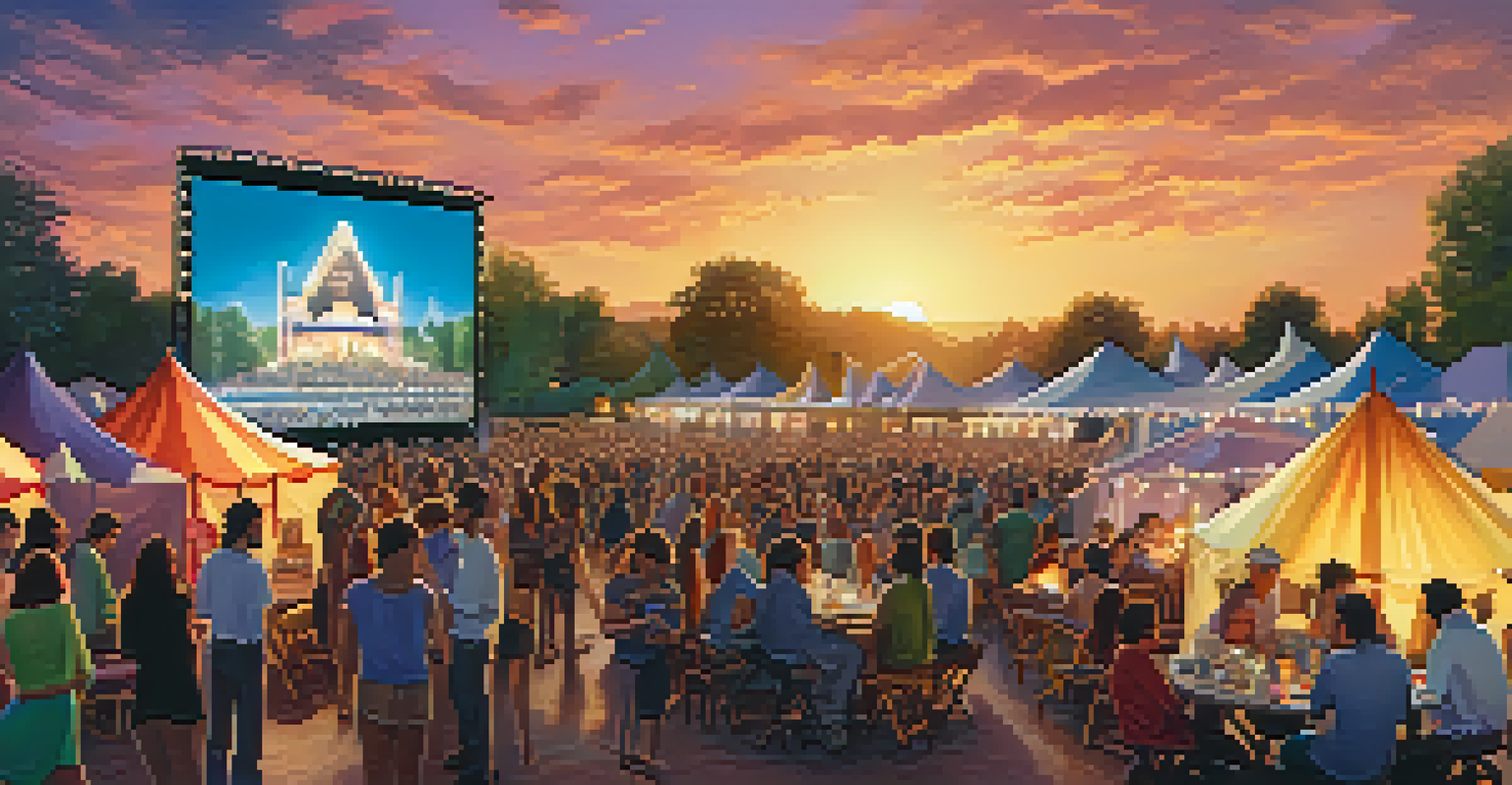 An outdoor film festival with diverse audiences enjoying Jewish-themed films under a sky illuminated with fairy lights.