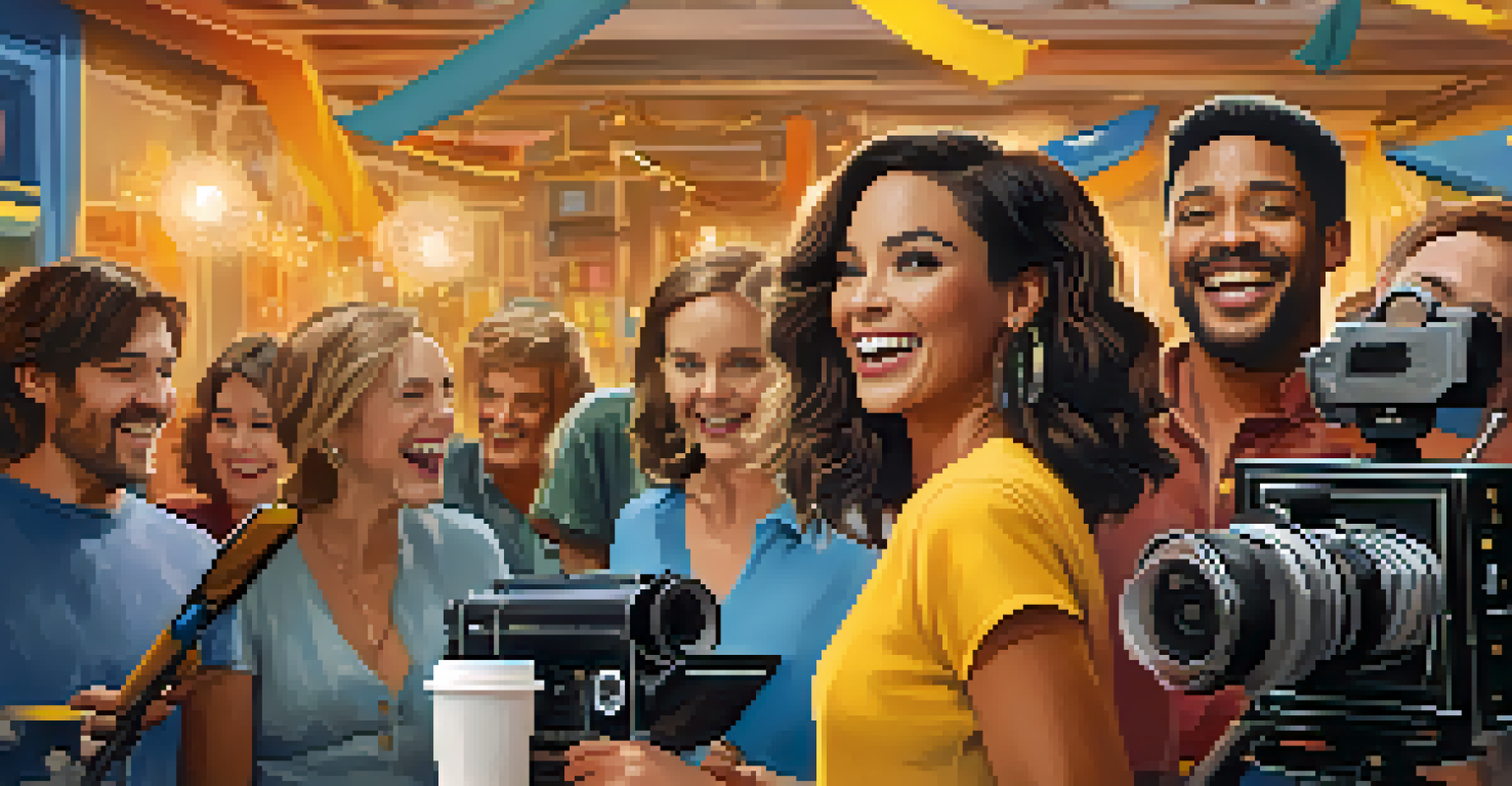 A celebrity laughing with the crew on a film set, surrounded by film equipment and colorful props, in a warm and inviting atmosphere.