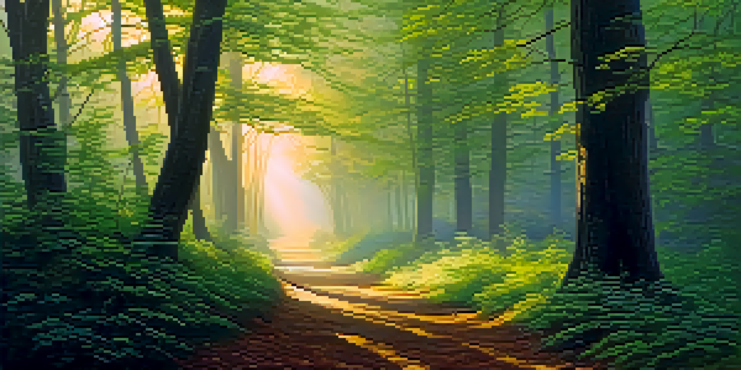 A serene forest at dawn with sunlight filtering through misty trees and a winding path.